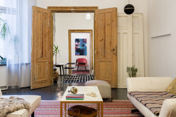 Old wooden doors in stylish living room