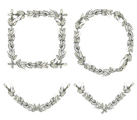 Decorative frame, wreath and corners of wheat, watercolor illustration in sketch style. Delicate pastel, beige oats border with copyspace, on white background.