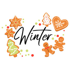 Winter decoration with gingerbread. Winter. Vector art illustration
