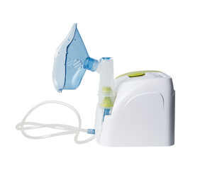 Medical equipment for inhalation with respiratory mask. Nebulizer isolated on white background with...