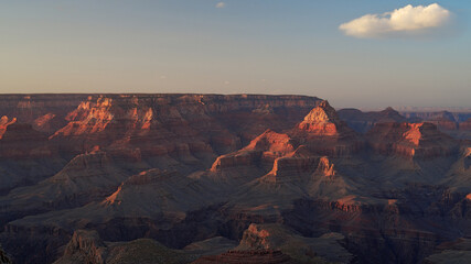 This image shows a view at dusk of the Grand Canyon taken from the South Rim.