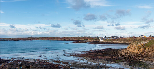 Panoramic view on beautiful beach on the Ouessant island of Ushant , Plage de Korz, Finistere, France