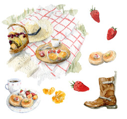 Hand drawn watercolor set of summer picnic elements isolated on white background. Illustration of morning vibes, breakfast, food and cozy vista.