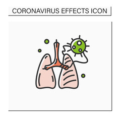 Covid pneumonia color icon. Virus caused lungs blockage. Concept of frequent corona virus effects, acute respiratory damage and system complications. Isolated vector illustration