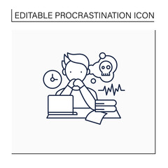 Worrier procrastinator line icon.Do not start important, difficult tasks. Unbelieve to do it.Scared about results.Procrastination concept. Isolated vector illustration.Editable stroke