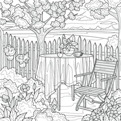 Table and chairs in the garden.Coloring book antistress for children and adults. Illustration isolated on white background.Zen-tangle style. Hand draw