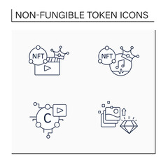 NFT line icons set.Non fungible tokens music,video clips,cryptomedia,digital art.Unique digital assets. Digitalization concept. Isolated vector illustrations.Editable stroke