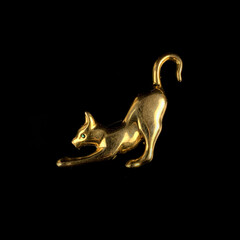 Gold jewelry in the shape of a cat with crystals. vintage brooch in the shape of a cat