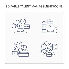 Talent management line icons set.Engagement,onboarding employees, career path, applicant tracking, Business Practice concept. Isolated vector illustrations.Editable stroke