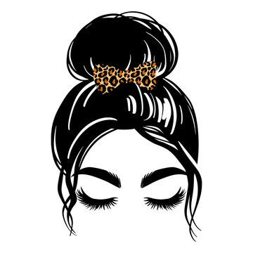 Messy hair bun, vector woman silhouette. Beautiful girl drawing illustration. Female hairstyle. Hair bow with leopard print.