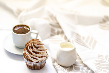 Black coffee with cupcakes and muffins. Spice cupcakes with creamcheese frosting decorated with a cocoa