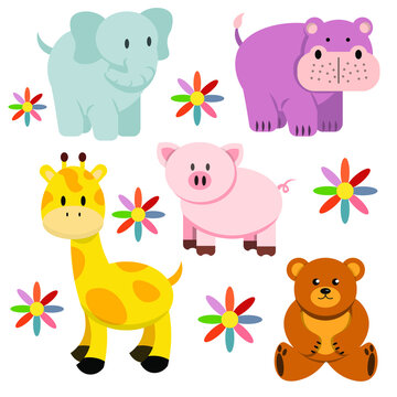 Set of animals. Flat vector illustration. 5 animals. Wildlife illustration. 