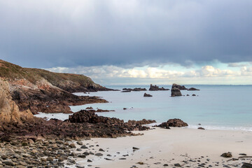 Ouessant, the island of Ushant, in Brittany, french rocky beach in northern France, Finistere department