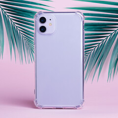 Purple iPhone 11 isolated on a pink background with palm leaves, clear phone case mockup, iPhone 12...