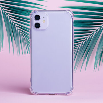 Purple IPhone 11 Isolated On A Pink Background With Palm Leaves, Clear Phone Case Mockup, IPhone 12 Mock Up