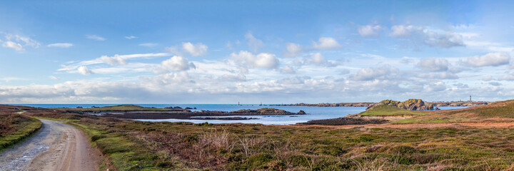 Panoramic view on beautiful beach on the Ouessant island of Ushant , Plage de Korz, Finistere, France