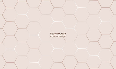 Light hexagonal technology vector abstract background. Brown bright energy flashes under hexagon in futuristic modern technology background vector illustration. Light brown honeycomb texture grid.