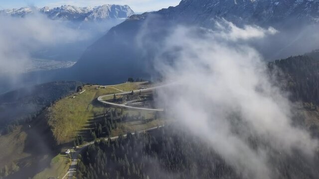Flight over Rossfeld mountain panoramic road, Berchtesgaden, Germany