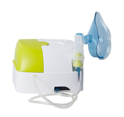 Medical equipment for inhalation with respiratory mask. Nebulizer isolated on white background with...