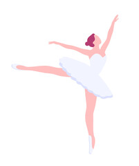 Arabesque pose, vector ballerina in flat style. Ballet dancer clipart Isolated illustration. Girl in ballet skirt dancing.