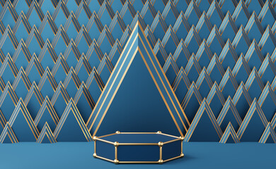 Empty blue hexagon podium with gold border, ball on Art Deco golden triangle pattern background. Abstract minimal studio 3d geometric shape. Mockup space for display of product design. 3d rendering.