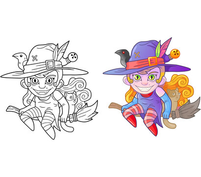 cartoon cute witch on broomstick, coloring book, funny illustration