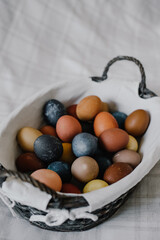 easter basket, colorful eggs, easter holiday, dark colors for easter, original egg color