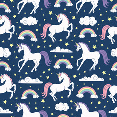 geometric seamless pattern, sleeping unicorns, rainbow and clouds
