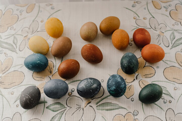 Easter eggs of different ootenki on the tablecloth, Easter eggs hand-painted