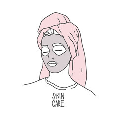 Beautiful girl in T-shirt with the inscription skin care. Hair in a towel and a mask on the face. Home spa treatments, skincare. Outline drawing, fashion sketch. Minimalist modern vector illustration
