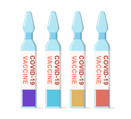 Vector vaccine bottles. Glass ampoule with cure. Colorful liquid in the flask in flat style