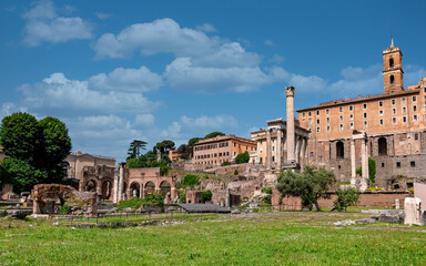 Rome Italy, panoramic view of the roman forum under impressive sky