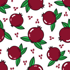 Vector pomegranate seamless pattern. Repeating fruit icon with leaves on white background.