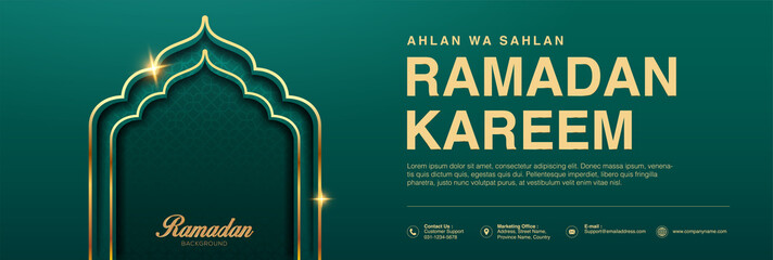 Realistic Ramadan Kareem holiday banner design with 3d golden mosque door. web poster, flyer, stylish brochure, greeting card, cover. Vector illustration. 