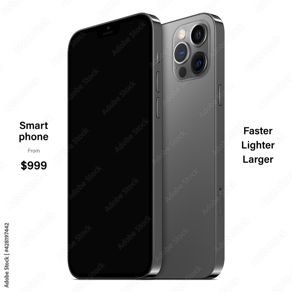 Poster smartphone frameless grey color with black screen saver front and backside view isolated on white ba