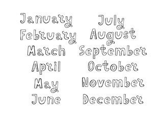 Handwritten names of months: December, January, February, March, April, May, June, July, August, September, October, November. Calligraphy words for calendars and organizers.