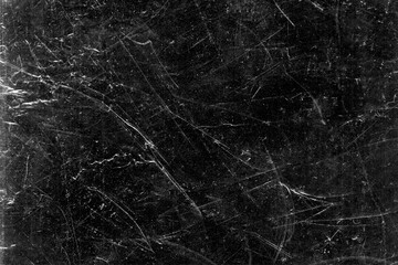 White scratches and dust on black background. Vintage scratched grunge plastic broken screen...