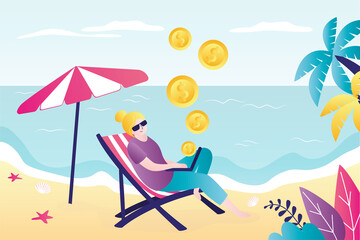 Obraz na płótnie Canvas Woman freelancer sitting on beach in sun lounger and working remotely. Female character makes money online. Financial freedom, businesswoman earn passive income on rest.