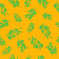 Vector image of colorful olives on a branch with green leaves on a background of spots