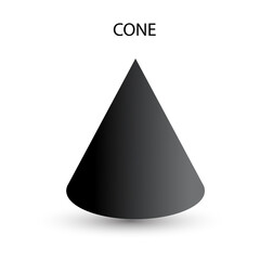 Vector black cone with gradients and shadow for game, icon, package design, logo, mobile, ui, web, education. 3D cone shaped pyramid on a white background. Geometric figures for your design.