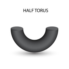 Vector black half torus with gradients and shadow for game, icon, package design, logo, mobile, ui, web, education. 3D torus on a white background. Geometric figures for your design. Half donut