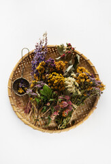 Various dried Healing herbs and flowers for herbal tea. Concep t.herbal medicine