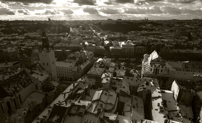 Black and white panorama of European old city from the central tower 