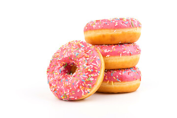 Fresh made Donuts isolated on white background. Doughnuts are traditional sweet pastries. Copy...