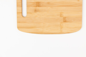 Top view high quality wood cutting board, brown wood. Chopping boards made from natural bamboo. Isolated image kitchen utensil on white background.