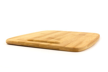Top view high quality wood cutting board, brown wood. Chopping boards made from natural bamboo. Isolated image kitchen utensil on white background.
