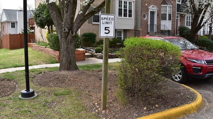 5 MPH Speed Limit Sign in a Suburban Neighborhood