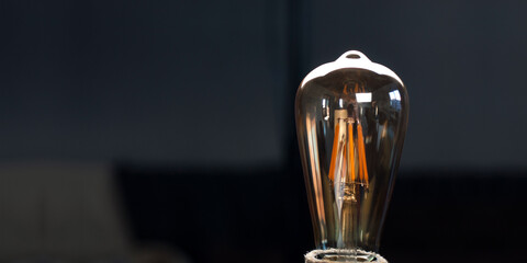 The table lamp shines in the dark. Wooden decorative lamp Edison. Night light in the dark.