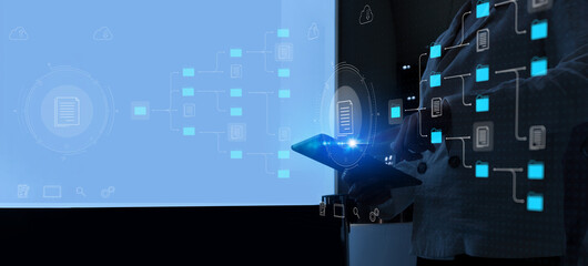 Document Management System or DMS setup by IT consultant with smart phone are searching managing...