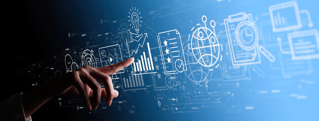 Content marketing concept with person hand using a smart computer on blue background.
